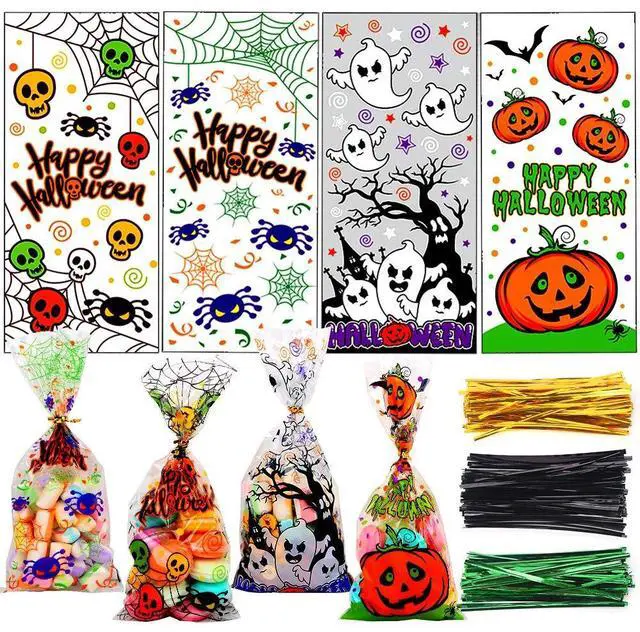 Main image of 200 Pcs Halloween Cellophane Candy Treat Bags with Twist Ties for Halloween Trick or Treat Party Favors