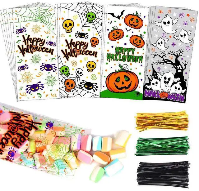Alt view image 2 of 7 - 200 Pcs Halloween Cellophane Candy Treat Bags with Twist Ties for Halloween Trick or Treat Party Favors
