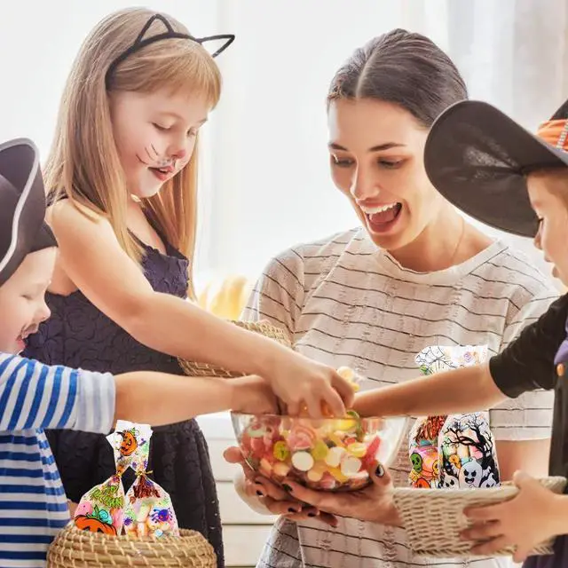 Alt view image 5 of 7 - 200 Pcs Halloween Cellophane Candy Treat Bags with Twist Ties for Halloween Trick or Treat Party Favors