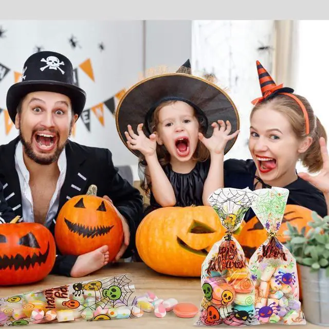 Alt view image 6 of 7 - 200 Pcs Halloween Cellophane Candy Treat Bags with Twist Ties for Halloween Trick or Treat Party Favors