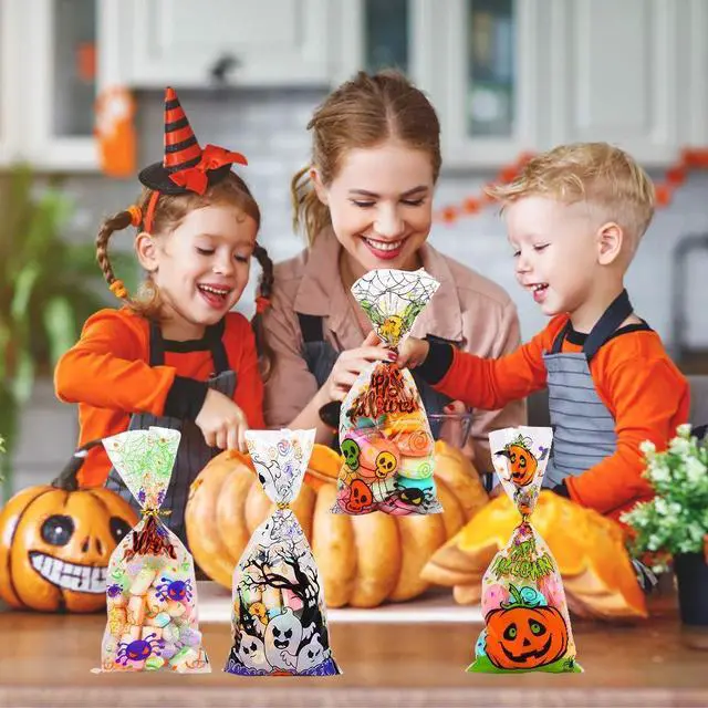 Alt view image 7 of 7 - 200 Pcs Halloween Cellophane Candy Treat Bags with Twist Ties for Halloween Trick or Treat Party Favors