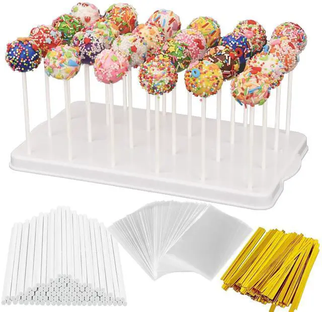 Main image of Cake Pop Stand Kit, 24 Holes Lollipop Display Holder with 100 Pcs Cake Pop Sticks, 100 Pcs Wrappers Bags, 100 Pcs Gold Twist Ties (White)