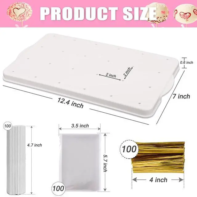 Alt view image 2 of 7 - Cake Pop Stand Kit, 24 Holes Lollipop Display Holder with 100 Pcs Cake Pop Sticks, 100 Pcs Wrappers Bags, 100 Pcs Gold Twist Ties (White)