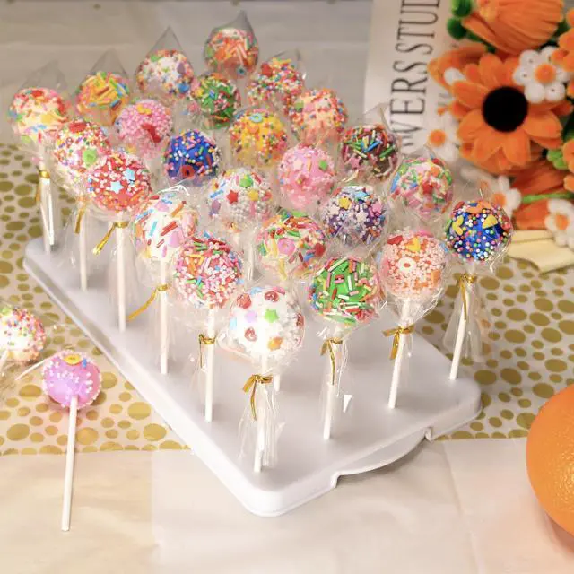 Alt view image 6 of 7 - Cake Pop Stand Kit, 24 Holes Lollipop Display Holder with 100 Pcs Cake Pop Sticks, 100 Pcs Wrappers Bags, 100 Pcs Gold Twist Ties (White)