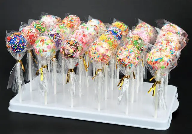 Alt view image 7 of 7 - Cake Pop Stand Kit, 24 Holes Lollipop Display Holder with 100 Pcs Cake Pop Sticks, 100 Pcs Wrappers Bags, 100 Pcs Gold Twist Ties (White)