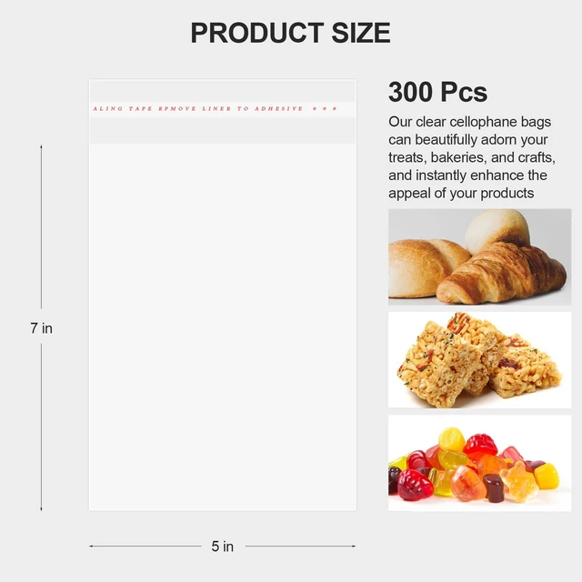 Alt view image 2 of 6 - 300 Pcs Cookie Bags with Seal, 5"x7" Clear Cellophane Bags | Resealable Closure, Food-Safe Material, Moisture Resistant, Party Favors, Bakery Display
