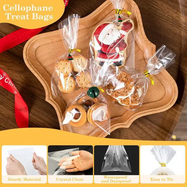 Alt view image 2 of 7 - 100 PCS Cellophane Treat Bags, 4x6 In Clear Cellophane Gift Bags with Twist Ties Plastic Goodie Bag for Party Favor Cookie Candy Popcorn Bakery Chocolate Gift Wrapping