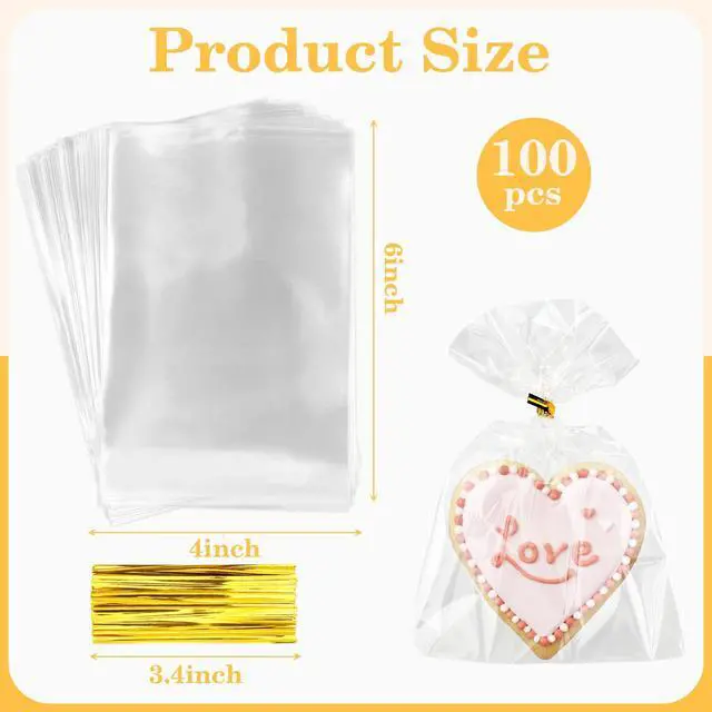 Alt view image 3 of 7 - 100 PCS Cellophane Treat Bags, 4x6 In Clear Cellophane Gift Bags with Twist Ties Plastic Goodie Bag for Party Favor Cookie Candy Popcorn Bakery Chocolate Gift Wrapping