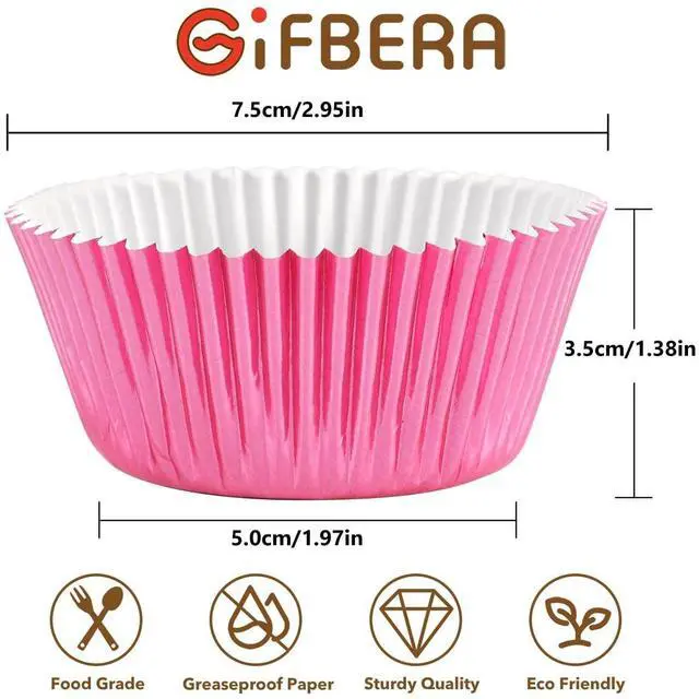 Alt view image 2 of 7 - Standard Pink Foil Cupcake Liners Wrappers Baking Cups 100-Count | Heavy-Duty Pink Muffin Liners With Style, Metallic Foil Baking Cups Sturdy Enough, Vibrant Colors and Won't Fade When Baked