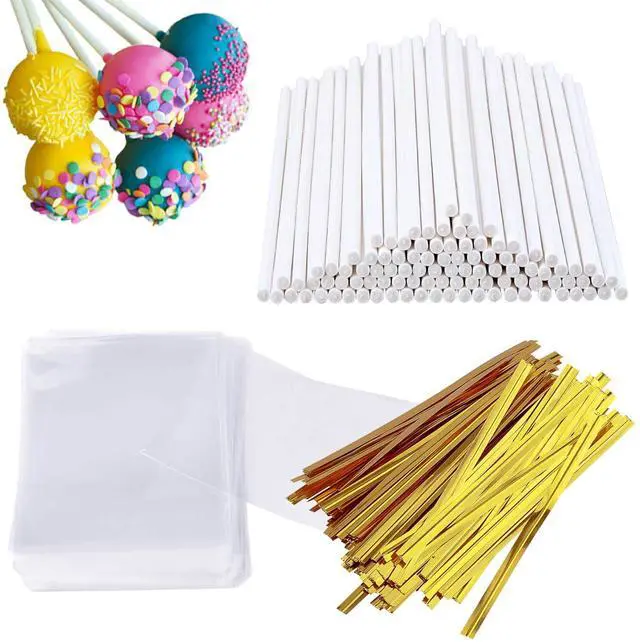 Main image of 300 PCS Cake Pop Sticks and Wrappers Kit, Including 100ct 6-inch Paper Lollipop Sticks, 100ct Clear Candy Treat Bags Parcel, 100ct Gold Twist Ties for Cakepop, Lollipop, Hard Candy, Suckers, Chocolate