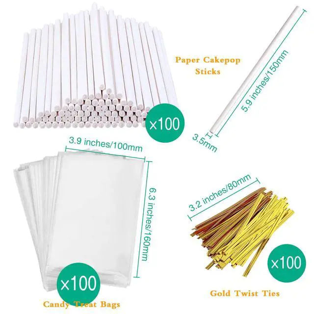 Alt view image 2 of 6 - 300 PCS Cake Pop Sticks and Wrappers Kit, Including 100ct 6-inch Paper Lollipop Sticks, 100ct Clear Candy Treat Bags Parcel, 100ct Gold Twist Ties for Cakepop, Lollipop, Hard Candy, Suckers, Chocolate