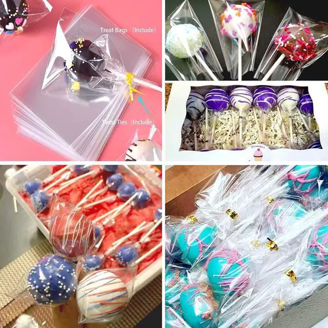 Alt view image 3 of 6 - 300 PCS Cake Pop Sticks and Wrappers Kit, Including 100ct 6-inch Paper Lollipop Sticks, 100ct Clear Candy Treat Bags Parcel, 100ct Gold Twist Ties for Cakepop, Lollipop, Hard Candy, Suckers, Chocolate