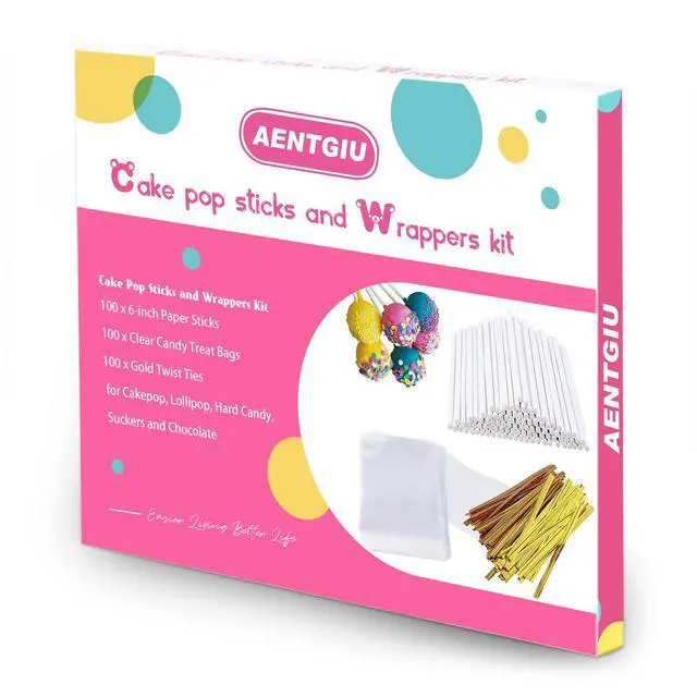 Alt view image 6 of 6 - 300 PCS Cake Pop Sticks and Wrappers Kit, Including 100ct 6-inch Paper Lollipop Sticks, 100ct Clear Candy Treat Bags Parcel, 100ct Gold Twist Ties for Cakepop, Lollipop, Hard Candy, Suckers, Chocolate