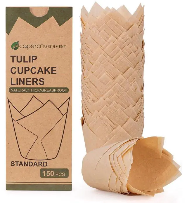 Main image of 150pcs Tulip Cupcake Liners Parchment Paper Muffin Cups for Baking | Unbleached, Excellent Greaseproof & Non-Stick Natural EU Parchment Paper Cupcake Wrappers Perfect for Muffins & Cupcakes
