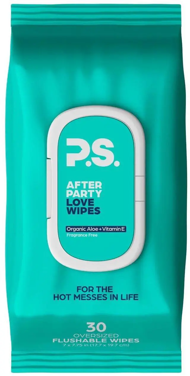 Main image of Afterparty Love , Aloe & Vitamin E, 30 Count, 1 Pack | Plant based, vegan & pH balanced, paraben free, sulfate free, dye free, flushable & septic safe, oversized 7 x 7.75 in