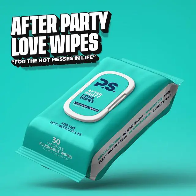 Alt view image 2 of 6 - Afterparty Love , Aloe & Vitamin E, 30 Count, 1 Pack | Plant based, vegan & pH balanced, paraben free, sulfate free, dye free, flushable & septic safe, oversized 7 x 7.75 in