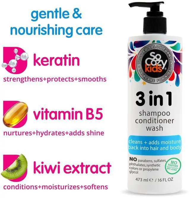 Alt view image 3 of 7 - Kids Shampoo, Conditioner & Body Wash, Gentle 3-in-1, 16 Fl Oz Pump | Moisture Rich Hydrating Daily Cleanser & Conditioning with Keratin, Vitamin B5 & Kiwi Extract, Paraben & Sulfate-Free