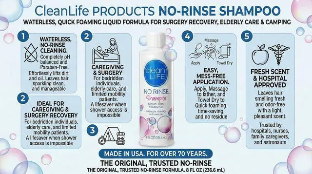 Alt view image 2 of 5 - CleanLife Products Shampoo, 8 fl oz - Waterless, Rinse Free, Quick Foaming Liquid Formula for Surgery Recovery, Elderly Care & Camping - Leaves Hair Fresh, Clean & Odor-Free - Made in USA