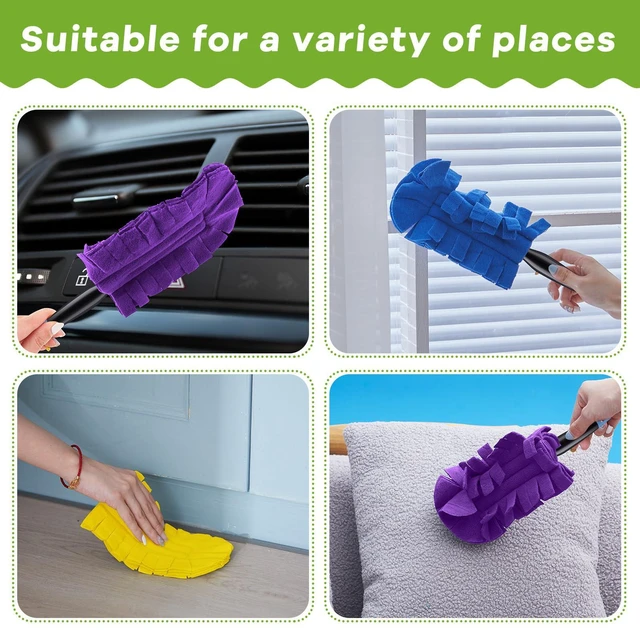 Alt view image 4 of 6 - 3 Pcs Reusable Duster Refills Washable Pads, Yellow, Blue, Purple | Soft Dust Pickup, Dry or Damp Use, Sleeve Style Fit, Multi Surface Reach for Blind, Fan, Pet, Furniture, Vehicle Interiors