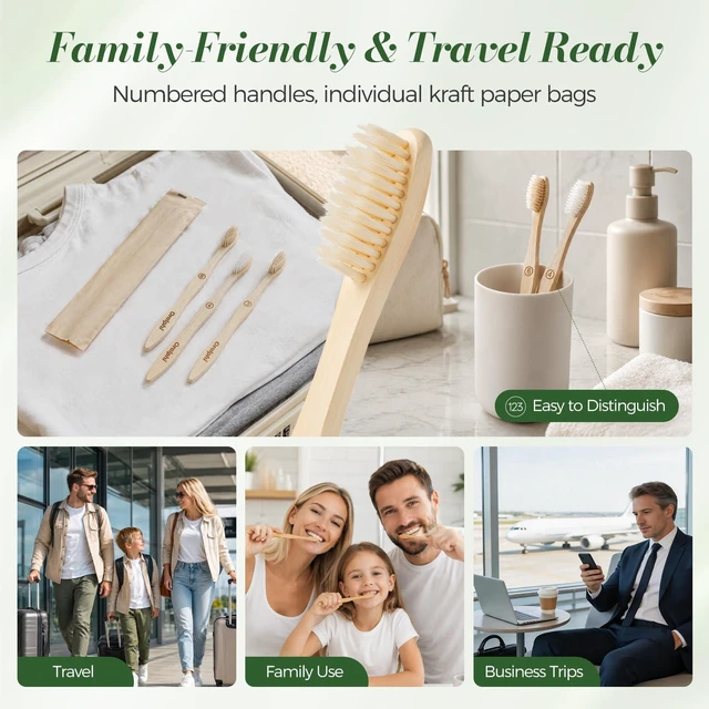 Alt view image 6 of 7 - Bamboo Toothbrushes 6 Pack, Soft Bristle Toothbrush for Adults Sensitive Gums, BPA Free Non Plastic Natural Toothbrush Travel Kit, Eco Friendly Wooden Toothbrush