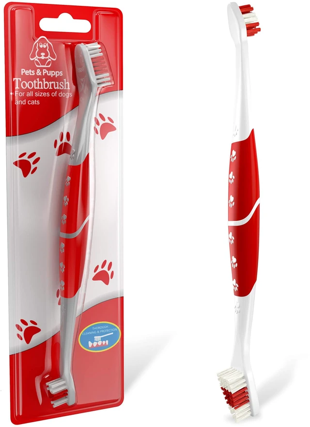 Main image of Pet Toothbrush for Dogs, Cats with Soft Bristles - Easy Teeth Cleaning & Dental Care, Non Slip Dual Head Dog Toothbrush for Medium & Large Pets, Toothpaste Not Included, Pack of 1 Red