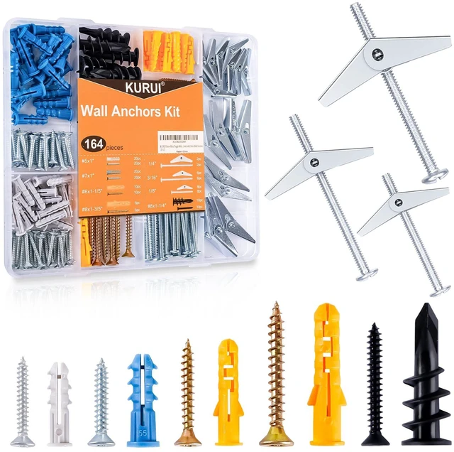 Main image of Drywall Anchors Assortment Kit With Self Drilling Wall Anchors and Heavy Duty Toggle Bolts, Metal/Plastic Dry Wall Anchors for Hanging Picture Art, 164Pcs Butterfly Anchor and Screws for Ceiling