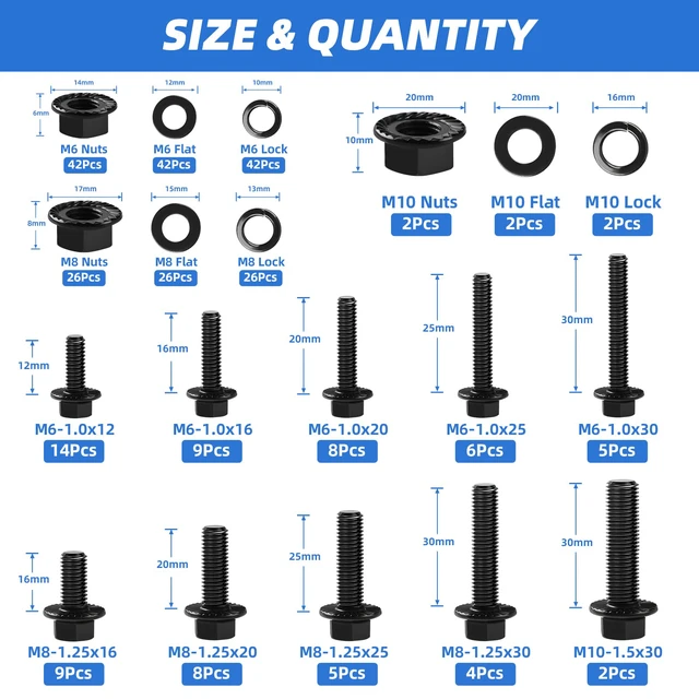 Alt view image 2 of 7 - 280Pcs Metric Flange Bolt Assortment, M6x1.0, M8x1.25, M10x1.5 (12mm to 30mm) Assorted Hex Bolts and Nuts Washers Kit for Automotive, 10.9 Black Zinc Galvanized