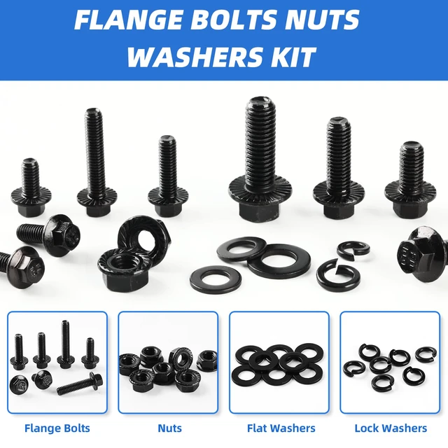Alt view image 7 of 7 - 280Pcs Metric Flange Bolt Assortment, M6x1.0, M8x1.25, M10x1.5 (12mm to 30mm) Assorted Hex Bolts and Nuts Washers Kit for Automotive, 10.9 Black Zinc Galvanized