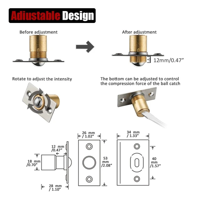 Alt view image 2 of 7 - Closet Door Ball Catch Hardware, Stainless Steel Catch Adjustable with Strike Plate, Brushed Satin Finish 2 Pack, HBC100-P2