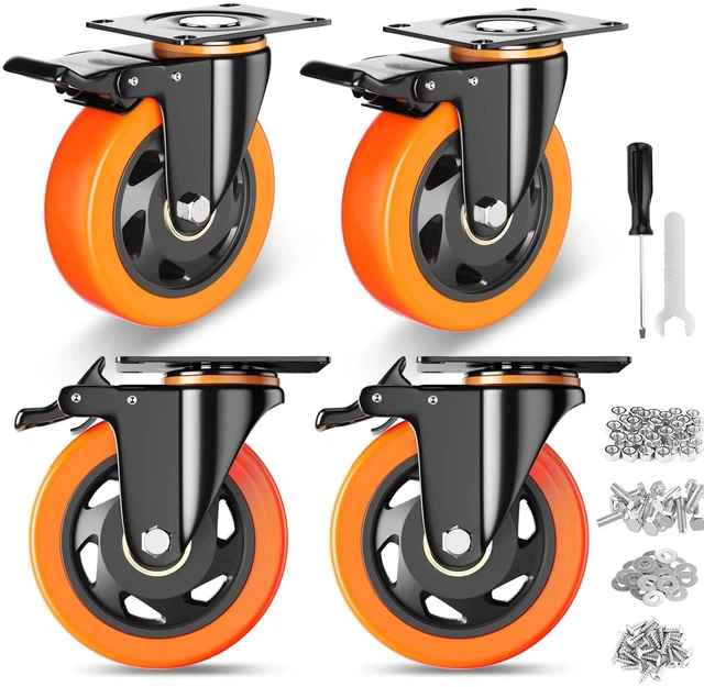 Main image of 4 Inch Caster Wheels, Casters Set of 4 Heavy Duty with Brake Polyurethane, Dual Lock Industrial Swivel Plate Mount for Furniture/ Workbench/Cart, Hardware Kits for Installation