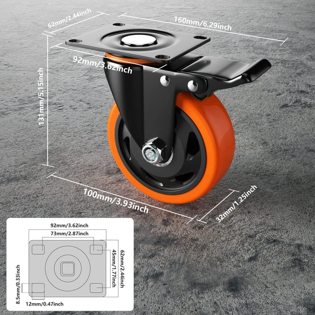Alt view image 2 of 7 - 4 Inch Caster Wheels, Casters Set of 4 Heavy Duty with Brake Polyurethane, Dual Lock Industrial Swivel Plate Mount for Furniture/ Workbench/Cart, Hardware Kits for Installation