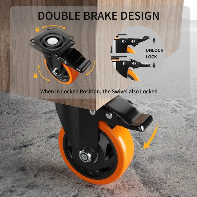 Alt view image 3 of 7 - 4 Inch Caster Wheels, Casters Set of 4 Heavy Duty with Brake Polyurethane, Dual Lock Industrial Swivel Plate Mount for Furniture/ Workbench/Cart, Hardware Kits for Installation