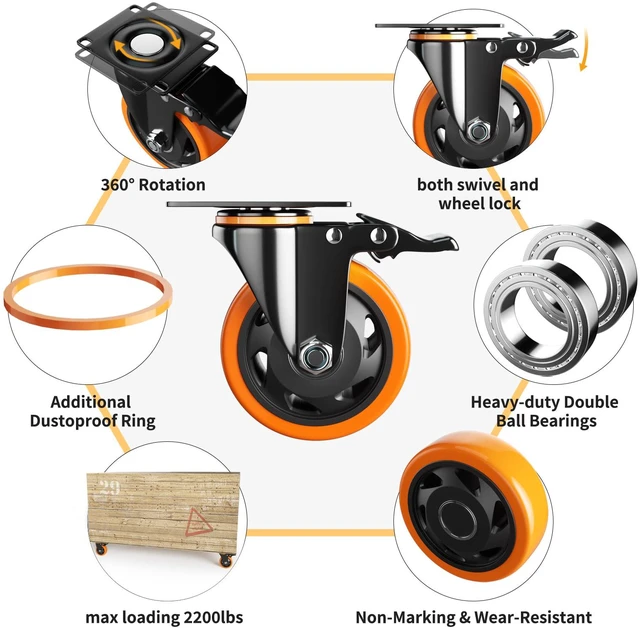 Alt view image 4 of 7 - 4 Inch Caster Wheels, Casters Set of 4 Heavy Duty with Brake Polyurethane, Dual Lock Industrial Swivel Plate Mount for Furniture/ Workbench/Cart, Hardware Kits for Installation