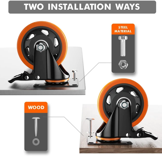 Alt view image 5 of 7 - 4 Inch Caster Wheels, Casters Set of 4 Heavy Duty with Brake Polyurethane, Dual Lock Industrial Swivel Plate Mount for Furniture/ Workbench/Cart, Hardware Kits for Installation