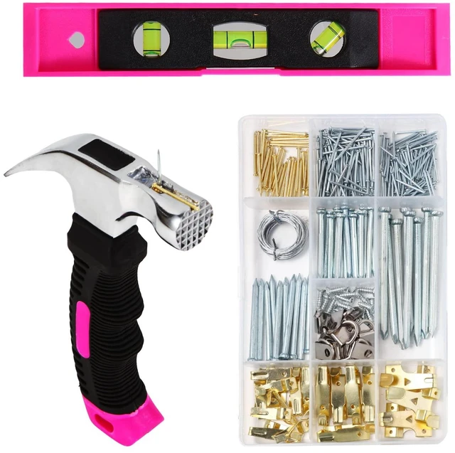 Main image of Picture Hanging Kit, 315pcs Hanging Hardware with Hooks, Wire, Nails, D Ring, Wall Hanging Kit with Hangers, Magnetic Level and Small Pink Claw Hammer, nails for hanging pictures for Home Decor