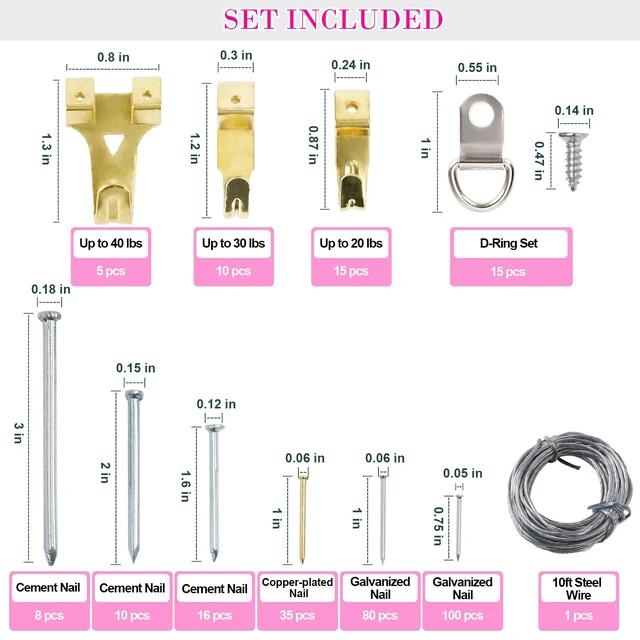 Alt view image 2 of 7 - Picture Hanging Kit, 315pcs Hanging Hardware with Hooks, Wire, Nails, D Ring, Wall Hanging Kit with Hangers, Magnetic Level and Small Pink Claw Hammer, nails for hanging pictures for Home Decor