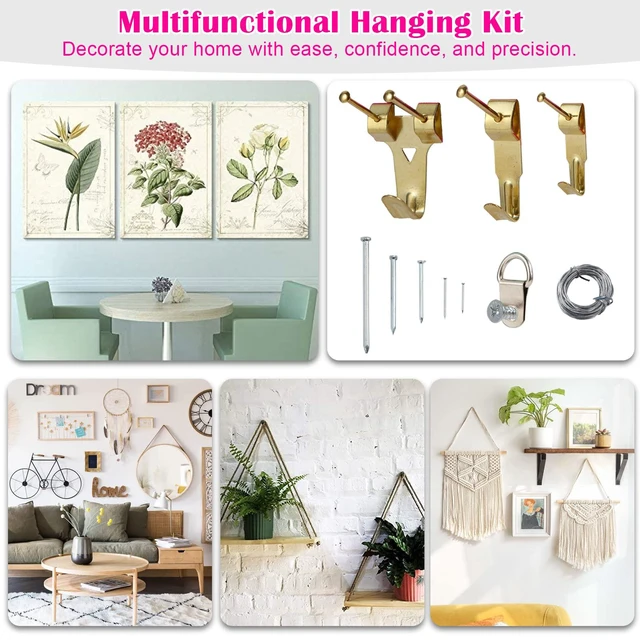 Alt view image 3 of 7 - Picture Hanging Kit, 315pcs Hanging Hardware with Hooks, Wire, Nails, D Ring, Wall Hanging Kit with Hangers, Magnetic Level and Small Pink Claw Hammer, nails for hanging pictures for Home Decor