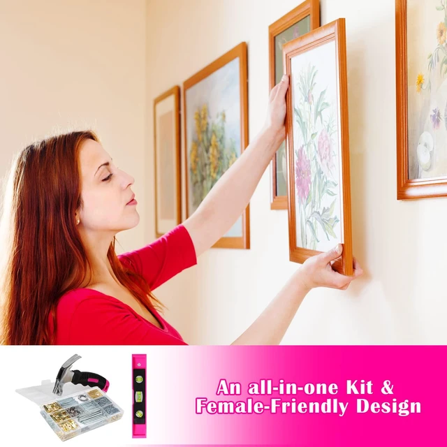 Alt view image 5 of 7 - Picture Hanging Kit, 315pcs Hanging Hardware with Hooks, Wire, Nails, D Ring, Wall Hanging Kit with Hangers, Magnetic Level and Small Pink Claw Hammer, nails for hanging pictures for Home Decor