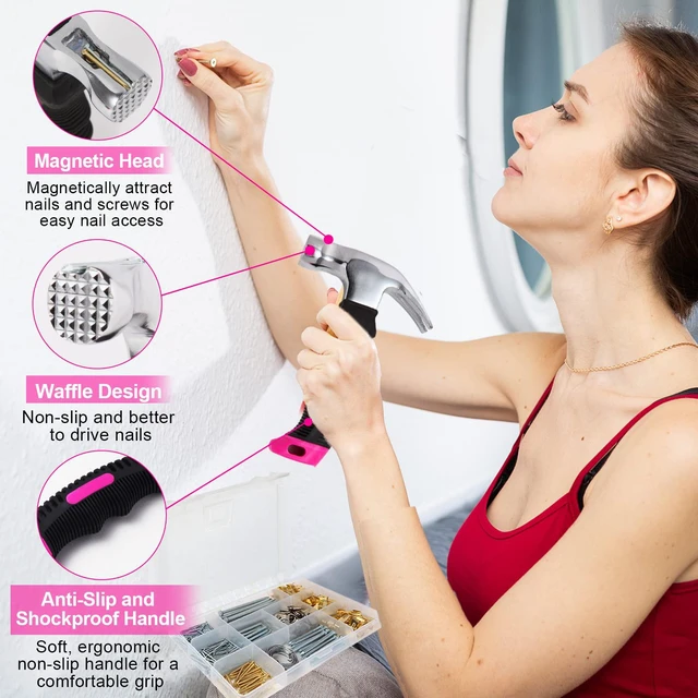 Alt view image 6 of 7 - Picture Hanging Kit, 315pcs Hanging Hardware with Hooks, Wire, Nails, D Ring, Wall Hanging Kit with Hangers, Magnetic Level and Small Pink Claw Hammer, nails for hanging pictures for Home Decor