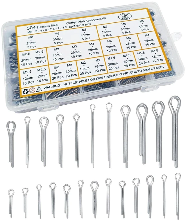 Main image of 290 Pcs Cotter Pins Assortment Kit, 304 Stainless Steel Split Pins | 24 Sizes M1.5-M6 Small Cotter Pins for Automotive, Trailer Hitch, Lawn Mower and Mechanical Repairs
