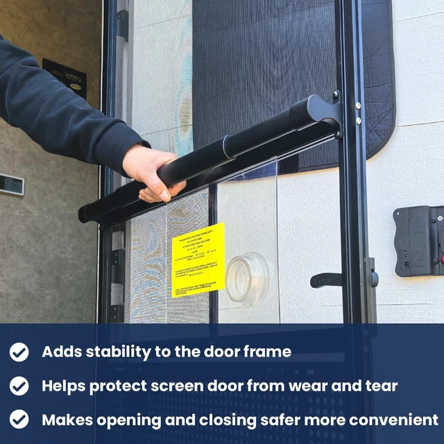 Alt view image 2 of 7 - RV Screen Door Handle,Reinforced Protector Grab Bar for Camper Door | Easy Grip Handle, Adjustable 21.5"-32", Centering Guide Marks, Aluminum Bar with Zinc Alloy Base, Protects Screen Doors-Black