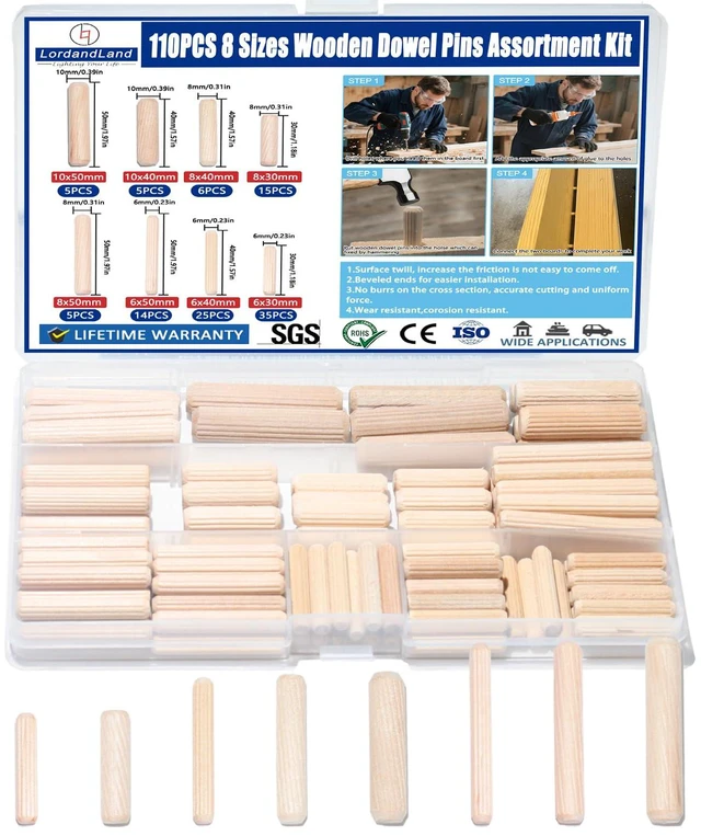 Main image of 8 Values Wood Dowels Kit 1/4 3/8 5/16 Inch Fluted Wooden Dowel Pins Pegs Hardware Pins Fluted Wood Dowels for Furniture Woodworking DIY Crafts (Pack of 110Pcs)