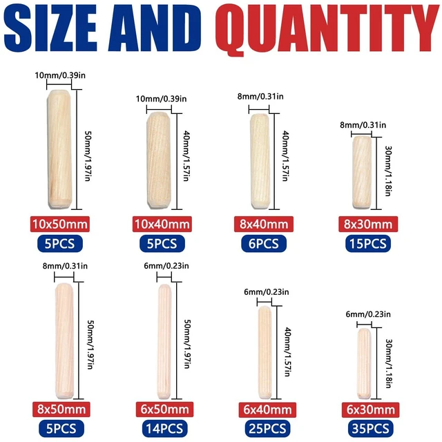 Alt view image 2 of 7 - 8 Values Wood Dowels Kit 1/4 3/8 5/16 Inch Fluted Wooden Dowel Pins Pegs Hardware Pins Fluted Wood Dowels for Furniture Woodworking DIY Crafts (Pack of 110Pcs)