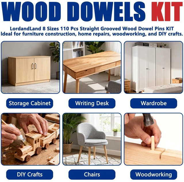 Alt view image 5 of 7 - 8 Values Wood Dowels Kit 1/4 3/8 5/16 Inch Fluted Wooden Dowel Pins Pegs Hardware Pins Fluted Wood Dowels for Furniture Woodworking DIY Crafts (Pack of 110Pcs)