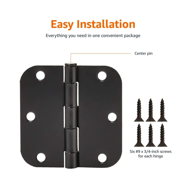 Alt view image 2 of 4 - Sturdy Rounded 5/8 Radius Interior Door Hinges with Included Screws, 3.5" x 3.5", Matte Black, 18-Pack