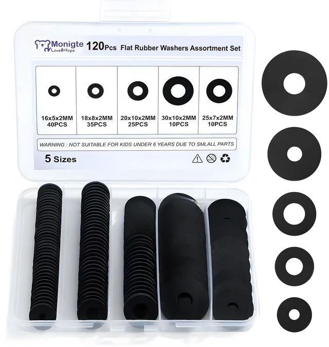 Main image of 120Pcs Flat Rubber Washers Assortment Kit,16/18/20/25/30mm Black Washer,Vibration Absorbing Pads Sealing Rubber Washers for Faucets Garden Bolts Screws Hose Plumbing Shower Head- 5 Sizes