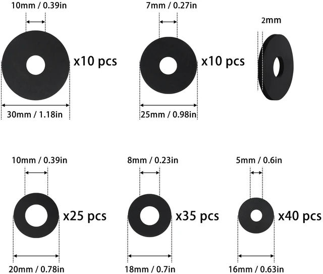 Alt view image 2 of 7 - 120Pcs Flat Rubber Washers Assortment Kit,16/18/20/25/30mm Black Washer,Vibration Absorbing Pads Sealing Rubber Washers for Faucets Garden Bolts Screws Hose Plumbing Shower Head- 5 Sizes