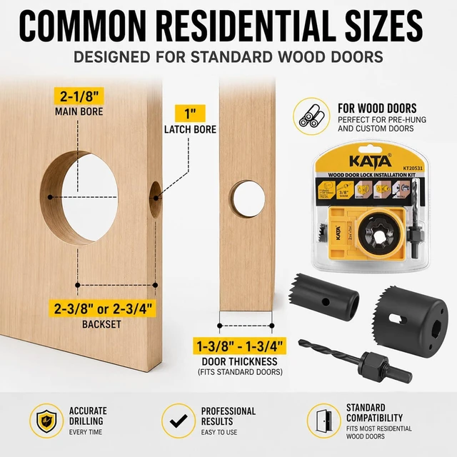 Alt view image 3 of 7 - 1-3/8" - 1-3/4" Door Lock Installation Kit for Wood Doors | Door Knob Drilling Kit Fits Standard Wood Doors with Guide Template, Hole Saw for Lockset Installation or Replacement