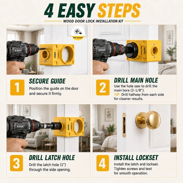 Alt view image 5 of 7 - 1-3/8" - 1-3/4" Door Lock Installation Kit for Wood Doors | Door Knob Drilling Kit Fits Standard Wood Doors with Guide Template, Hole Saw for Lockset Installation or Replacement