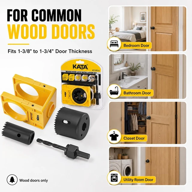 Alt view image 6 of 7 - 1-3/8" - 1-3/4" Door Lock Installation Kit for Wood Doors | Door Knob Drilling Kit Fits Standard Wood Doors with Guide Template, Hole Saw for Lockset Installation or Replacement